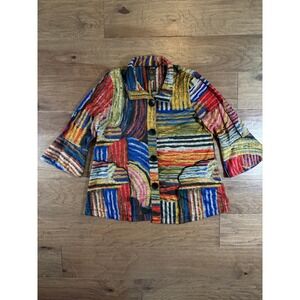 Ali Miles Women Medium Abstract Multi Color Button Front Jacket Bell Sleeve Coat